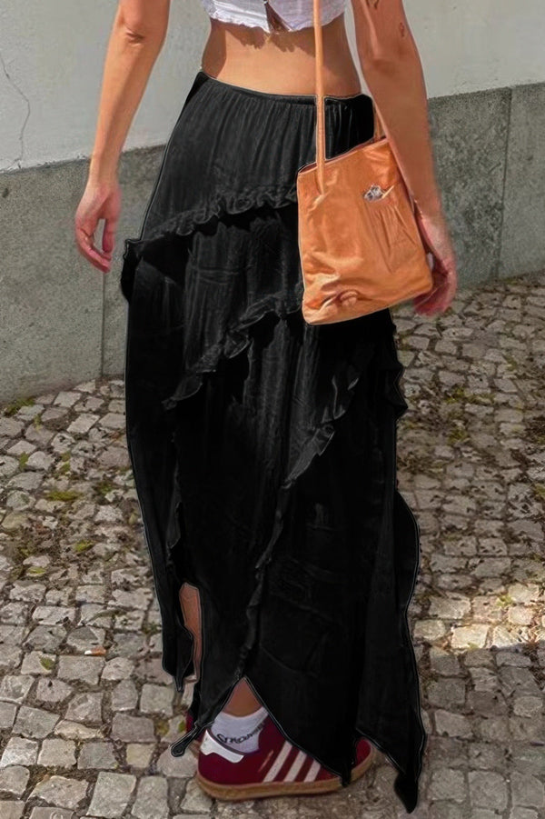 Solid Ruffle Drawstring Waist Asymmetry Hem Skirt - | SmartBuyApparel