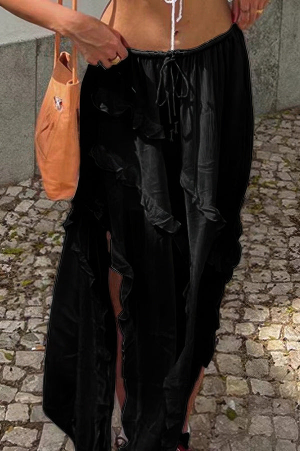 Solid Ruffle Drawstring Waist Asymmetry Hem Skirt - | SmartBuyApparel