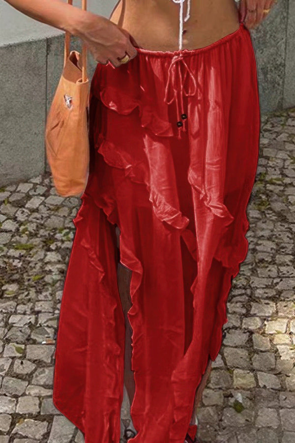 Solid Ruffle Drawstring Waist Asymmetry Hem Skirt - | SmartBuyApparel