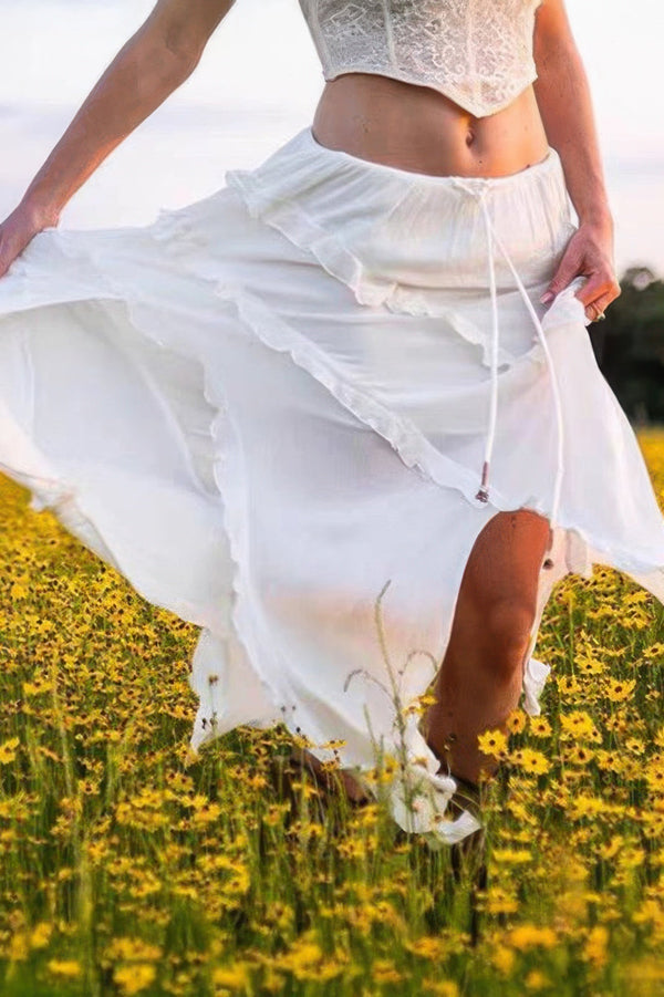 Solid Ruffle Drawstring Waist Asymmetry Hem Skirt - | SmartBuyApparel