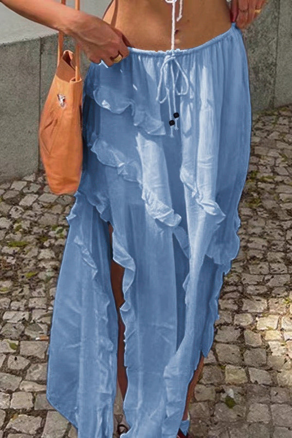 Solid Ruffle Drawstring Waist Asymmetry Hem Skirt - | SmartBuyApparel