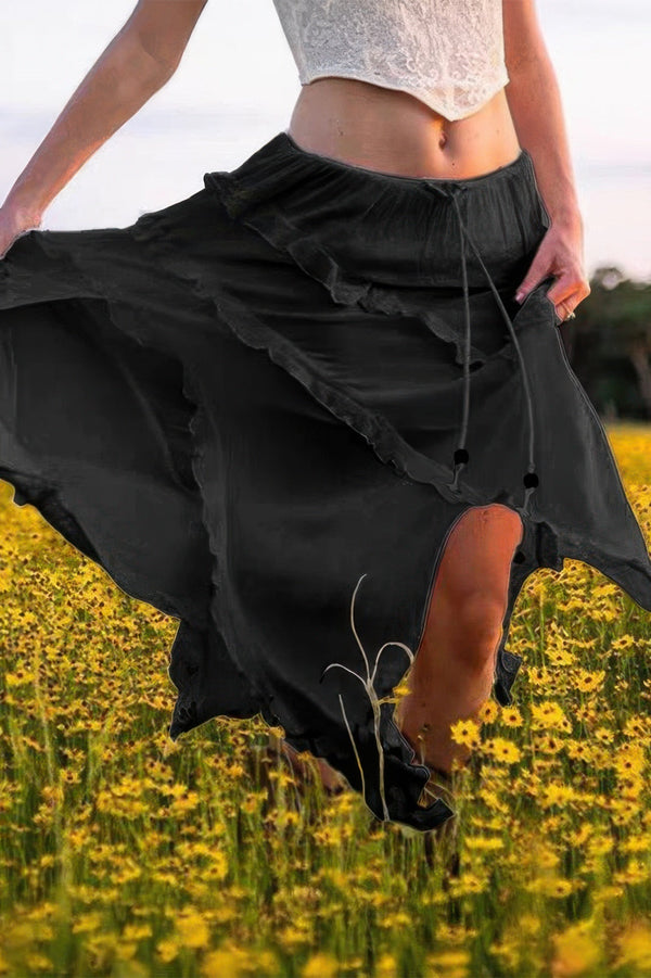 Solid Ruffle Drawstring Waist Asymmetry Hem Skirt - | SmartBuyApparel