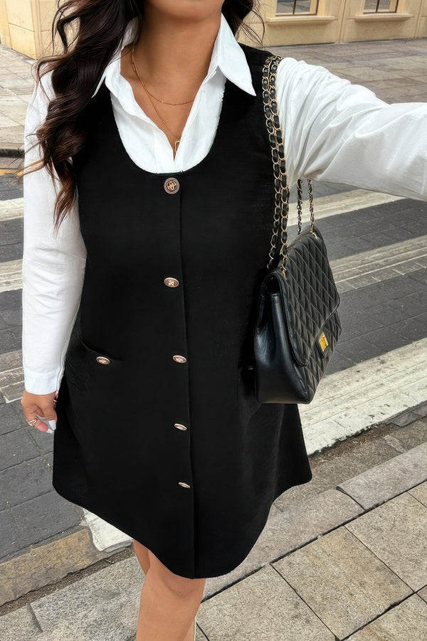 Solid Scoop Neck Button Down Corduroy Dress - | SmartBuyApparel