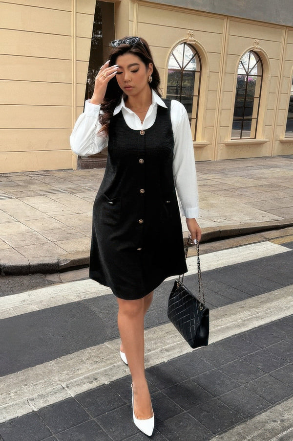 Solid Scoop Neck Button Down Corduroy Dress - | SmartBuyApparel