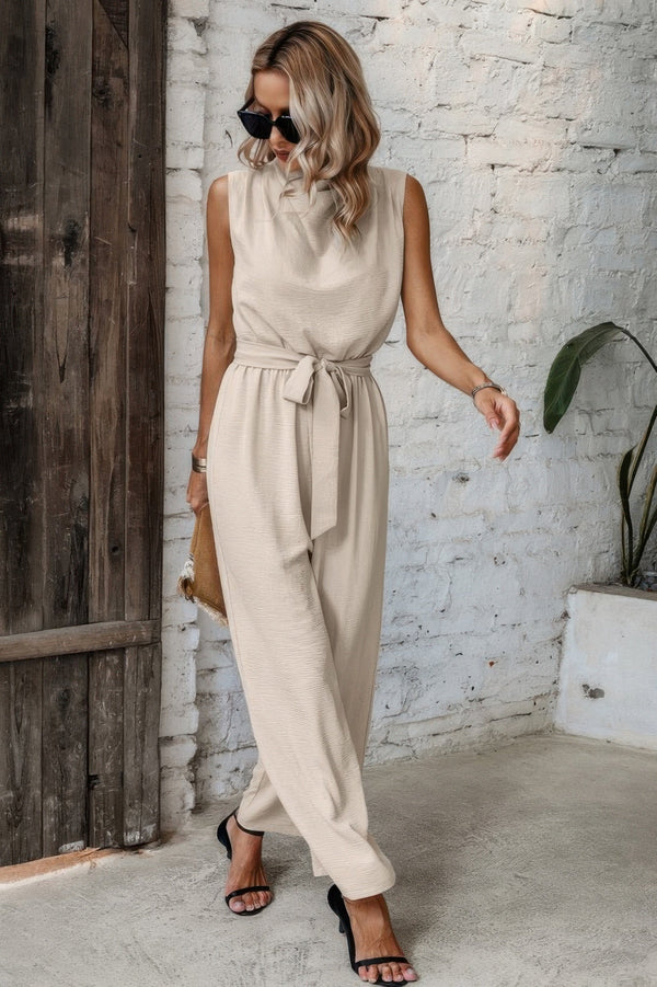 Solid Sleeveless Cut Out Back Belted Jumpsuit - | SmartBuyApparel