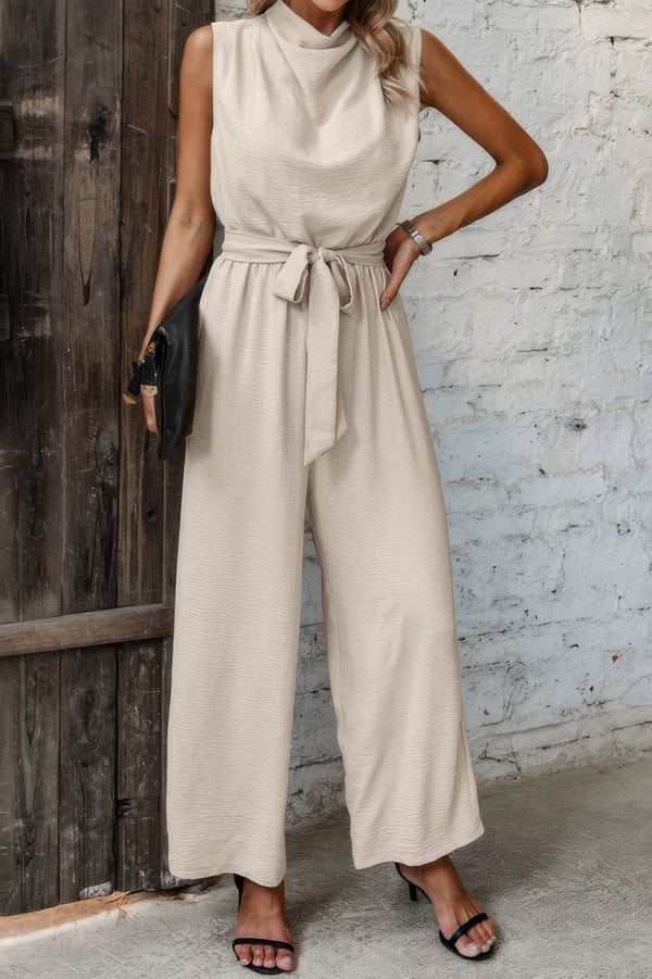 Solid Sleeveless Cut Out Back Belted Jumpsuit - | SmartBuyApparel