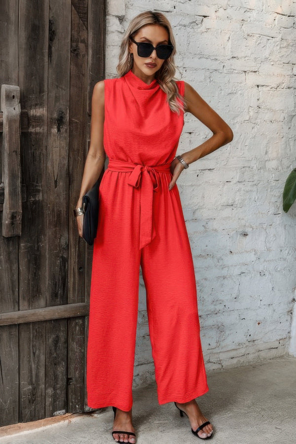 Solid Sleeveless Cut Out Back Belted Jumpsuit - | SmartBuyApparel