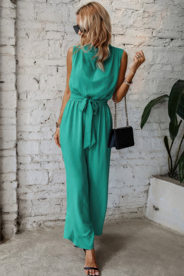 Solid Sleeveless Cut Out Back Belted Jumpsuit - | SmartBuyApparel