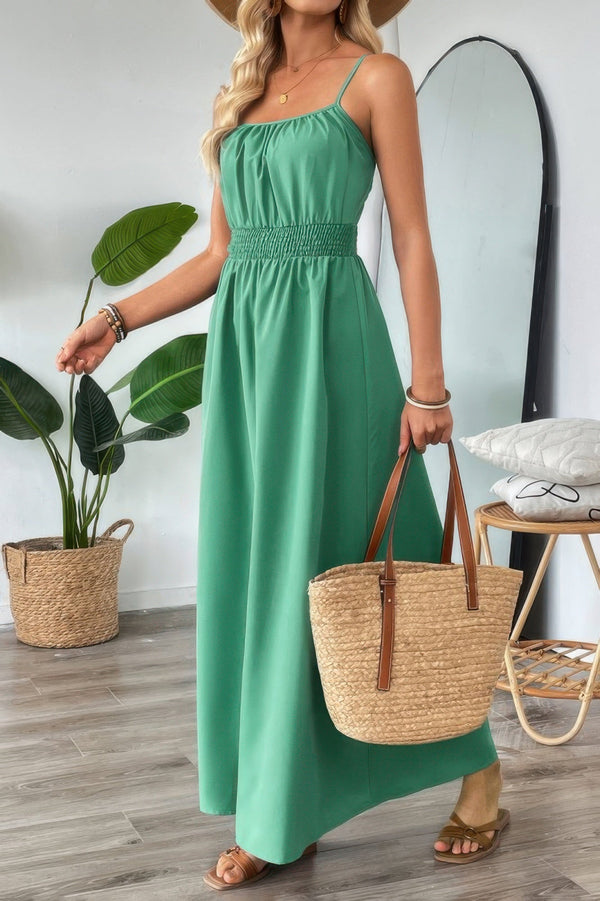 Solid Sleeveless Ruched Elactic Waist A Line Dress - | SmartBuyApparel