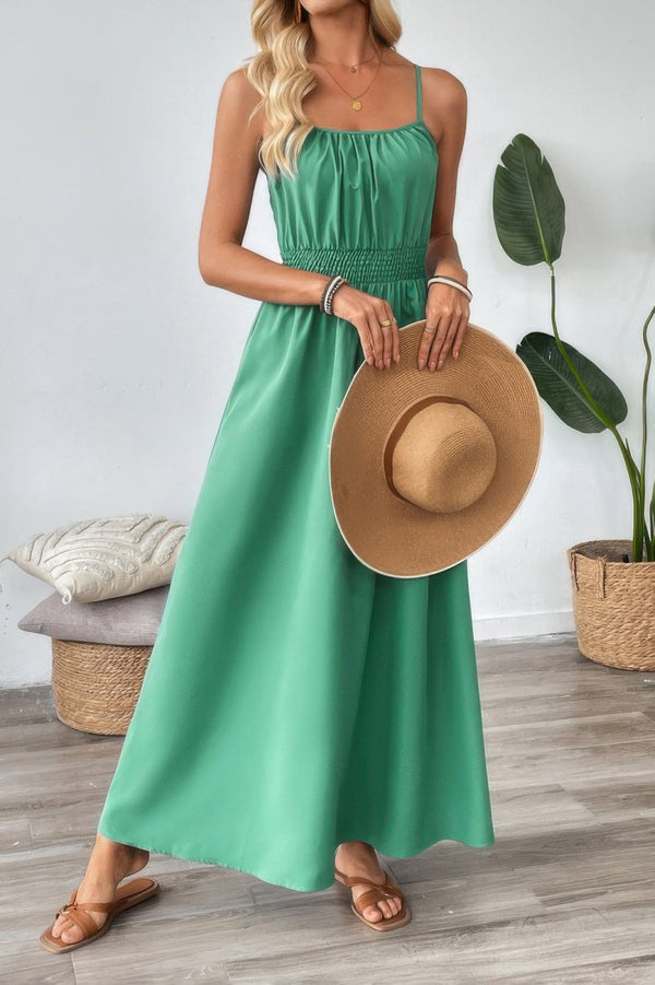 Solid Sleeveless Ruched Elactic Waist A Line Dress - | SmartBuyApparel