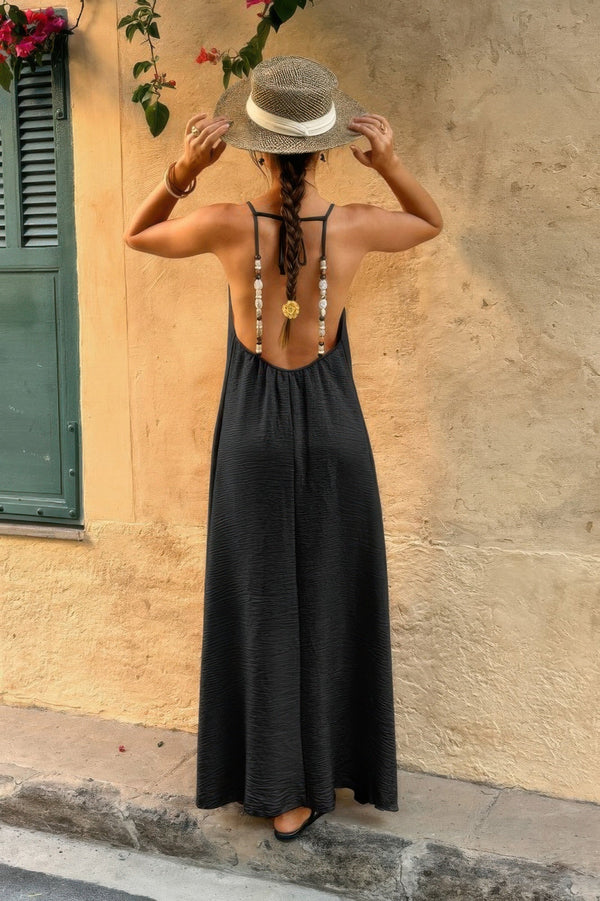 Solid Sleeveless Strap Elastic Neck Midi Loose Dress - | SmartBuyApparel