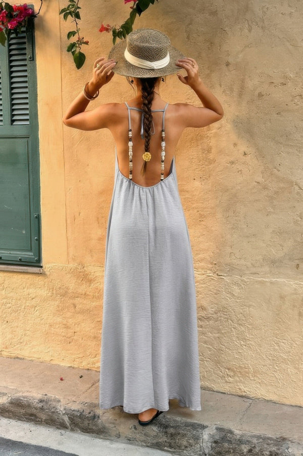 Solid Sleeveless Strap Elastic Neck Midi Loose Dress - | SmartBuyApparel