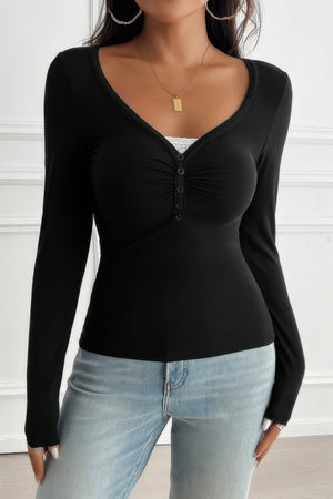 Solid Slim Fit V Neck Long Sleeve T Shirt - | SmartBuyApparel