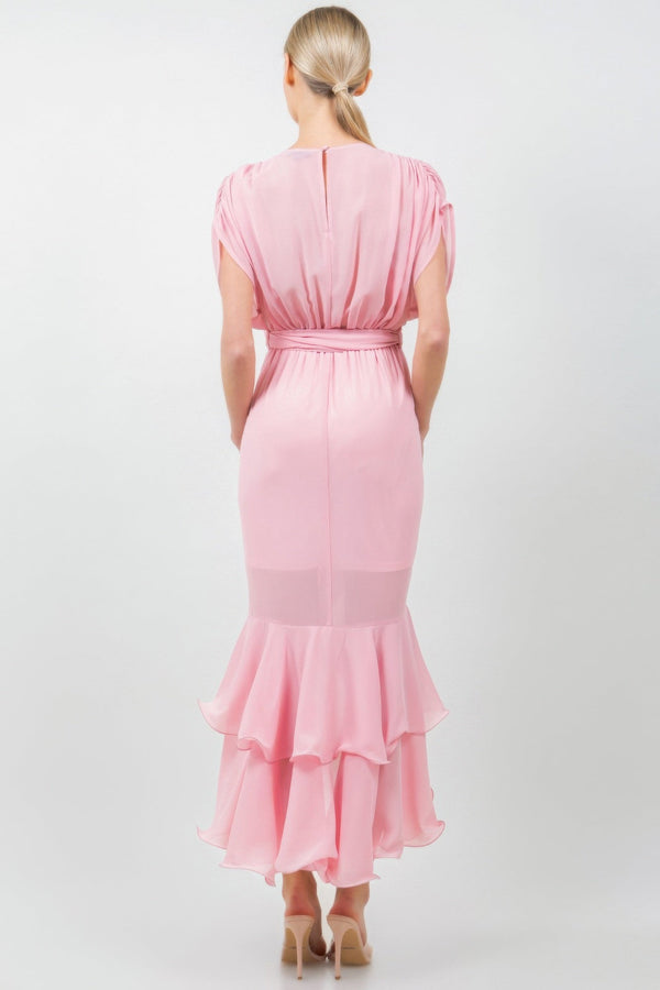 Solid Tie Waist Ruffle Midi Dress - Dress - SmartBuyApparel