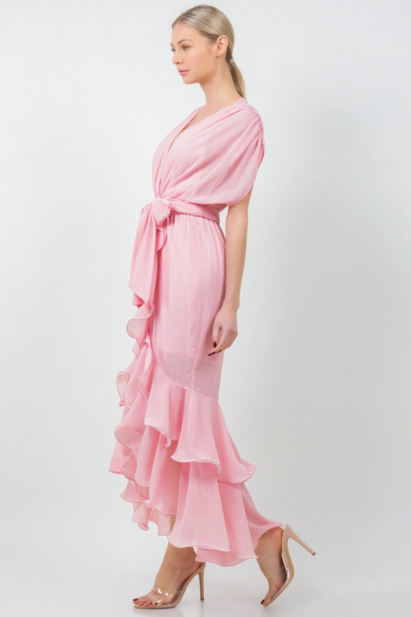 Solid Tie Waist Ruffle Midi Dress - Dress - SmartBuyApparel