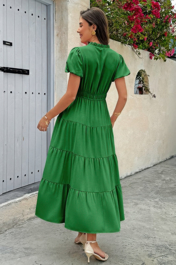 Solid V Neck Color Block Elastic Waist Dress - | SmartBuyApparel