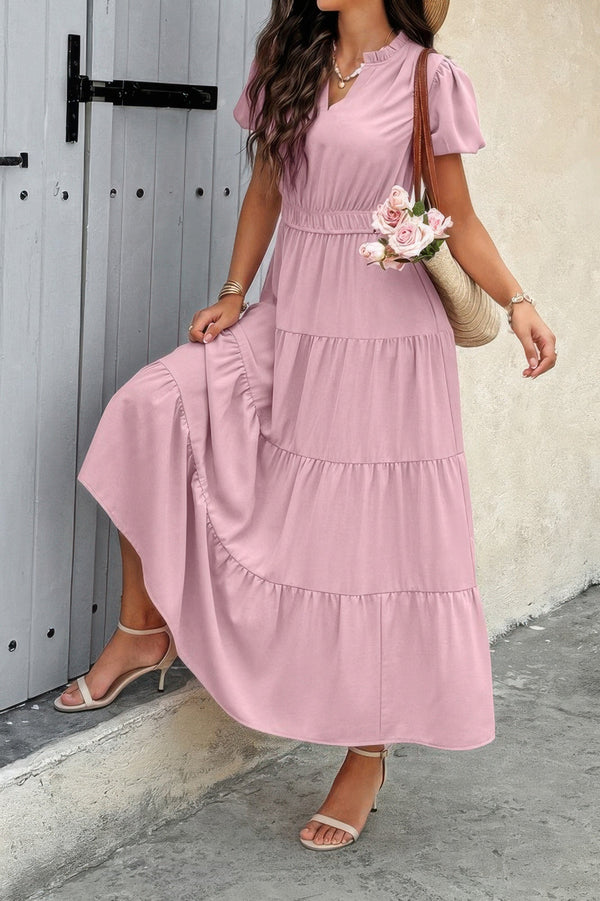 Solid V Neck Color Block Elastic Waist Dress - | SmartBuyApparel