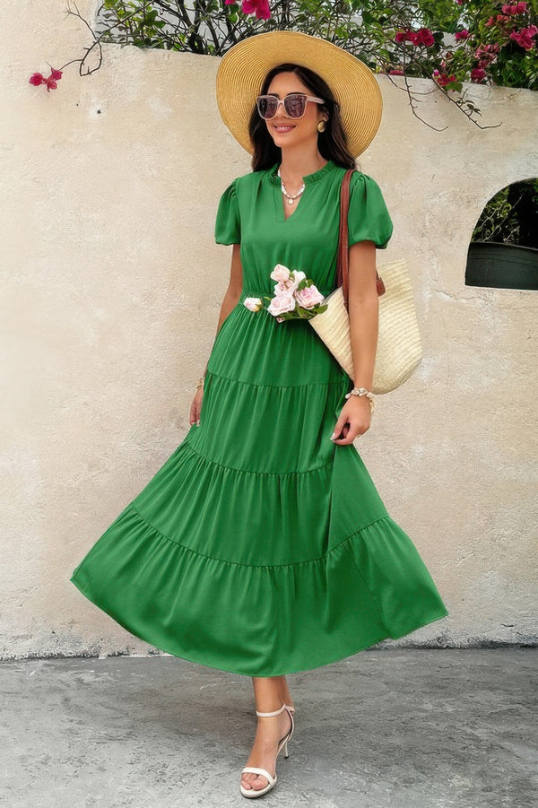 Solid V Neck Color Block Elastic Waist Dress - | SmartBuyApparel