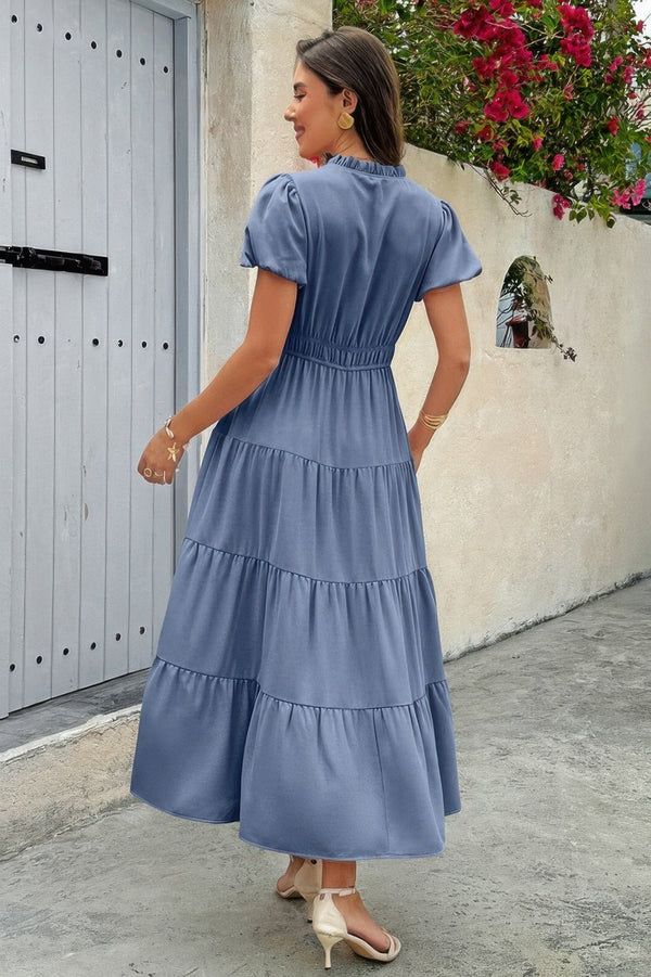 Solid V Neck Color Block Elastic Waist Dress - | SmartBuyApparel