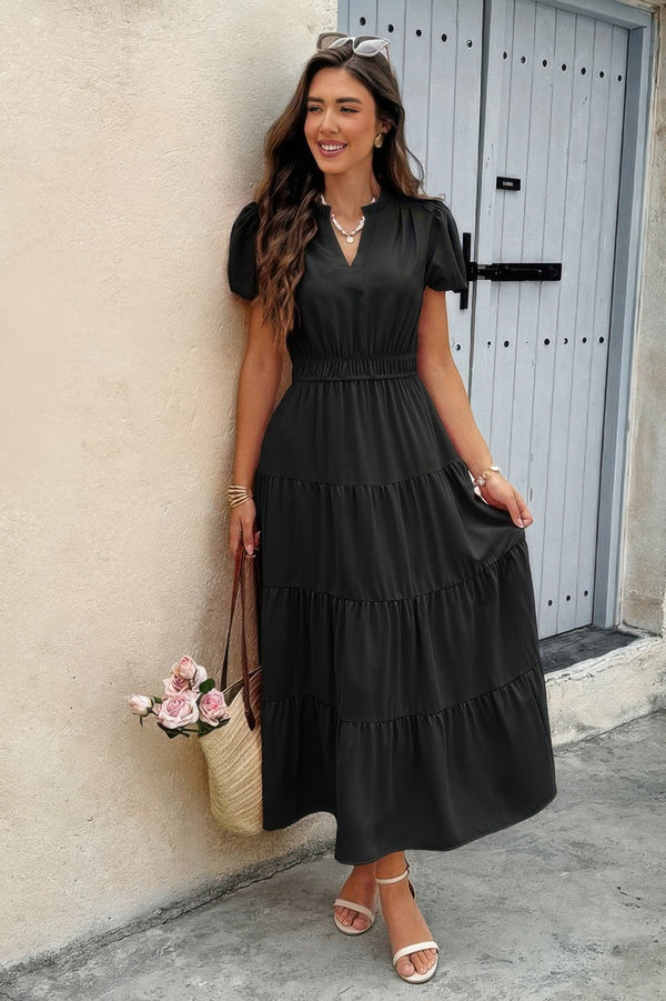 Solid V Neck Color Block Elastic Waist Dress - | SmartBuyApparel