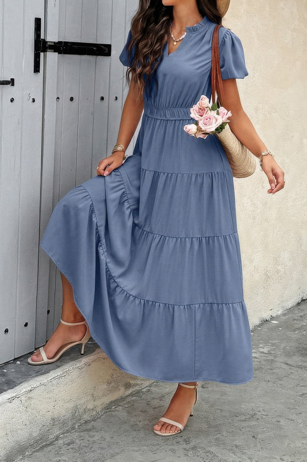 Solid V Neck Color Block Elastic Waist Dress - | SmartBuyApparel