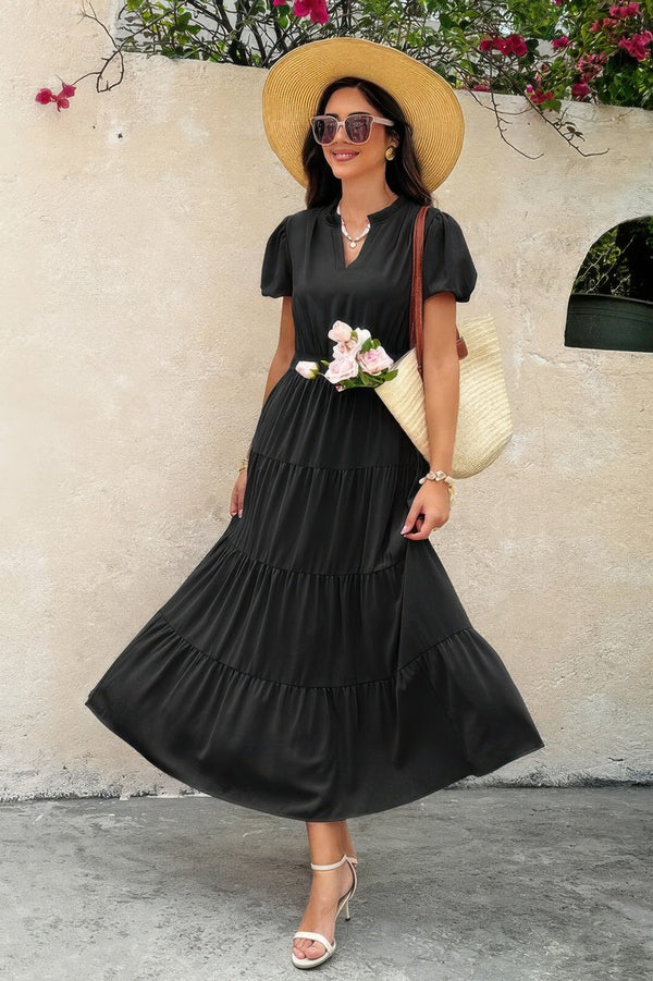 Solid V Neck Color Block Elastic Waist Dress - | SmartBuyApparel