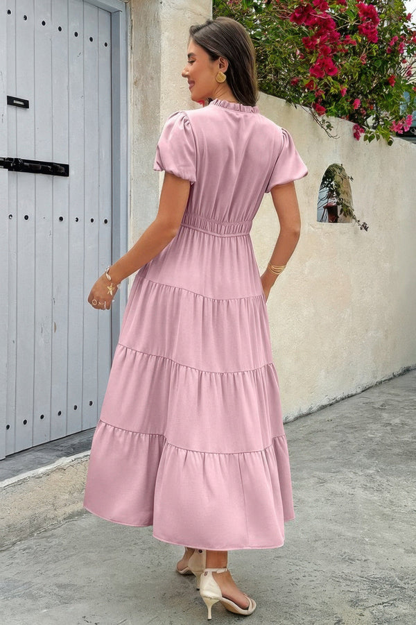 Solid V Neck Color Block Elastic Waist Dress - | SmartBuyApparel