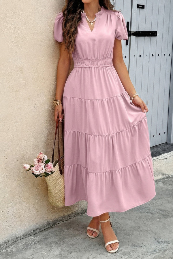 Solid V Neck Color Block Elastic Waist Dress - | SmartBuyApparel