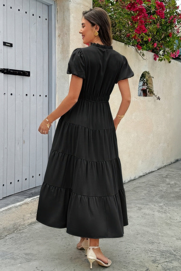 Solid V Neck Color Block Elastic Waist Dress - | SmartBuyApparel