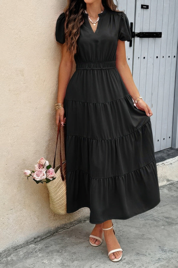 Solid V Neck Color Block Elastic Waist Dress - | SmartBuyApparel