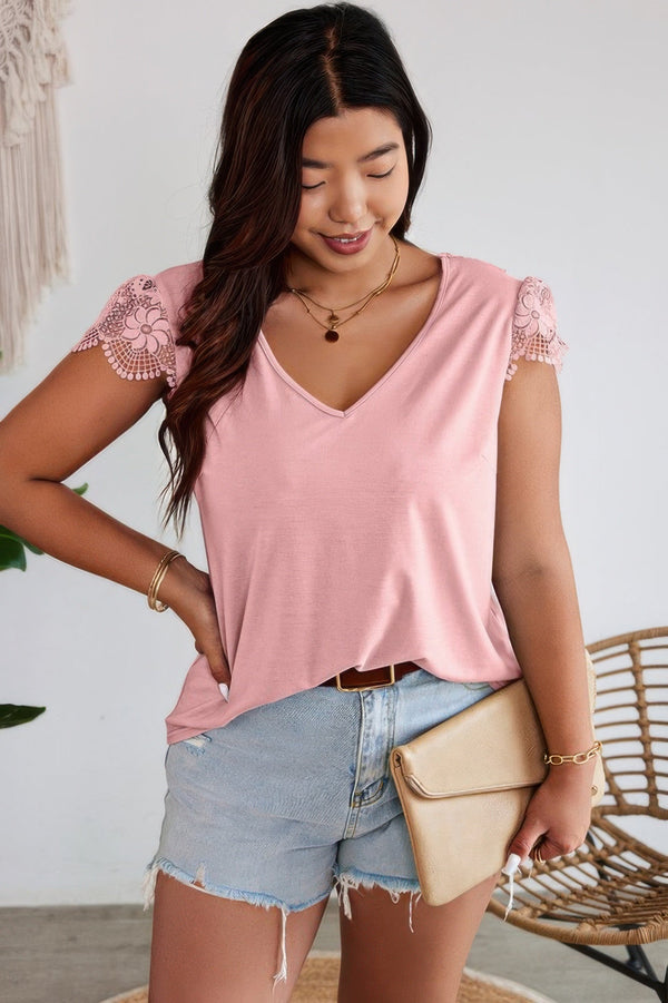 Solid V Neck Lace Splicing Back Bowknot T Shirt - | SmartBuyApparel