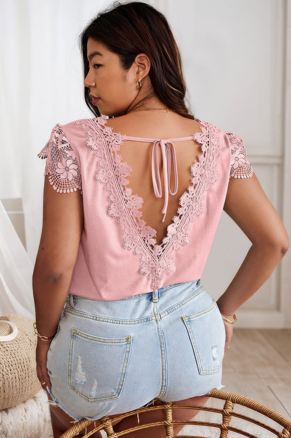 Solid V Neck Lace Splicing Back Bowknot T Shirt - | SmartBuyApparel