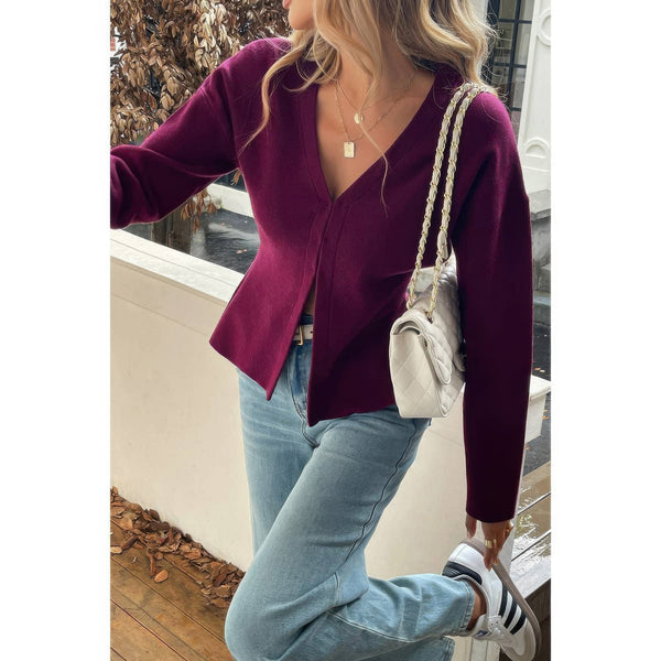 Solid V - Neck Raglan Sleeve Knit Sweater - Women's sweater - SmartBuyApparel