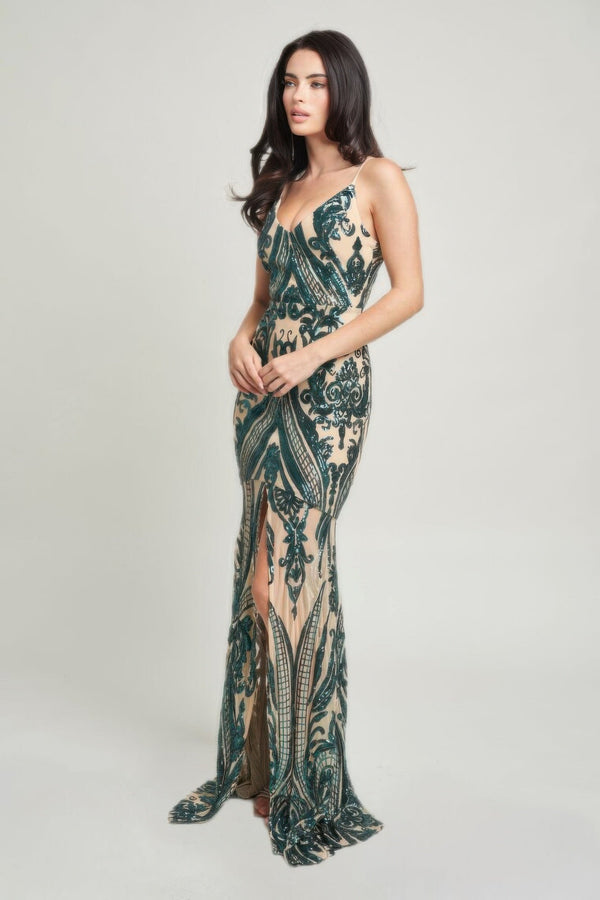 Spaghetti Strap Art Deco Sequins Maxi Dress - Dress - SmartBuyApparel