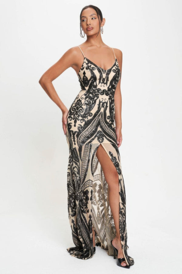 Spaghetti Strap Art Deco Sequins Maxi Dress - Dress - SmartBuyApparel