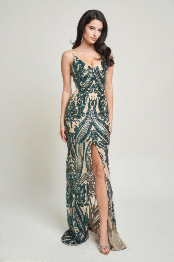 Spaghetti Strap Art Deco Sequins Maxi Dress - Dress - SmartBuyApparel