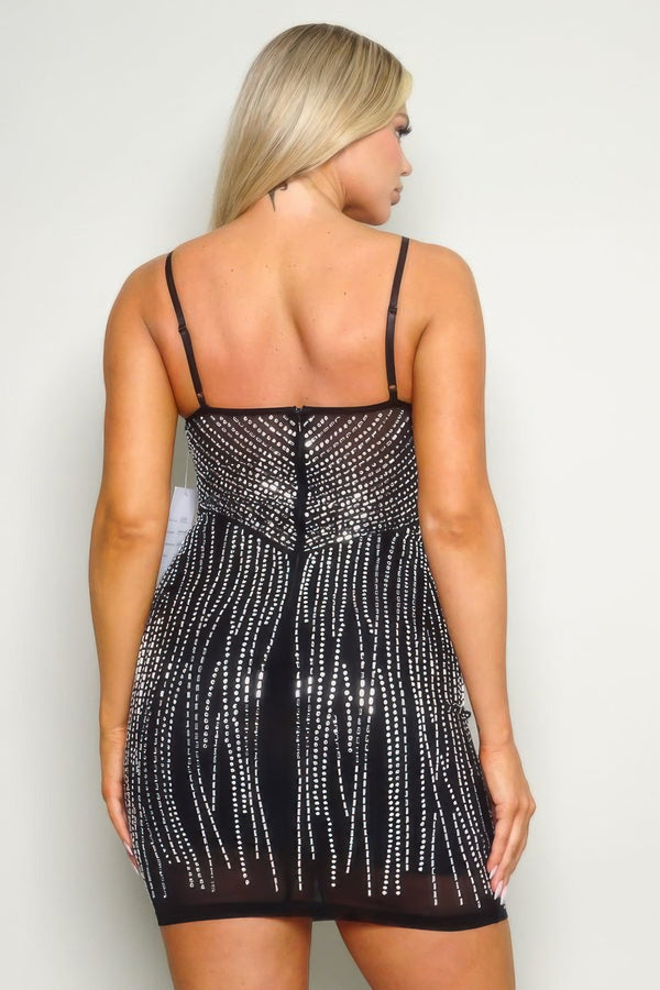 Spaghetti Strap Rhinestone Hot Fix Mini Dress - Dress - SmartBuyApparel