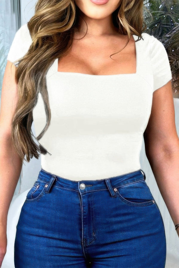 Square Neck Fit Elastic Short Sleeves Shirt - | SmartBuyApparel