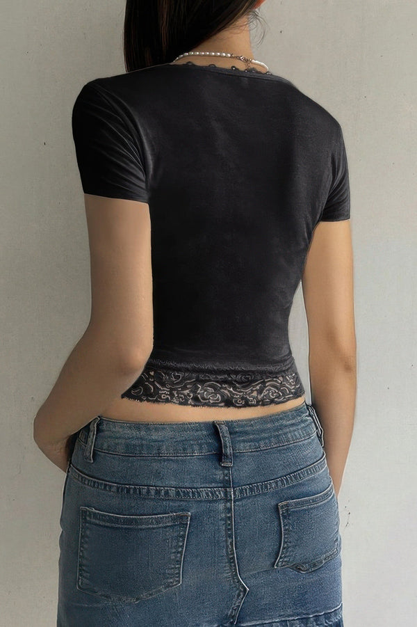 Square Neck Lace Trim High Waist Tee - | SmartBuyApparel