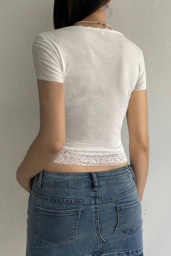 Square Neck Lace Trim High Waist Tee - | SmartBuyApparel