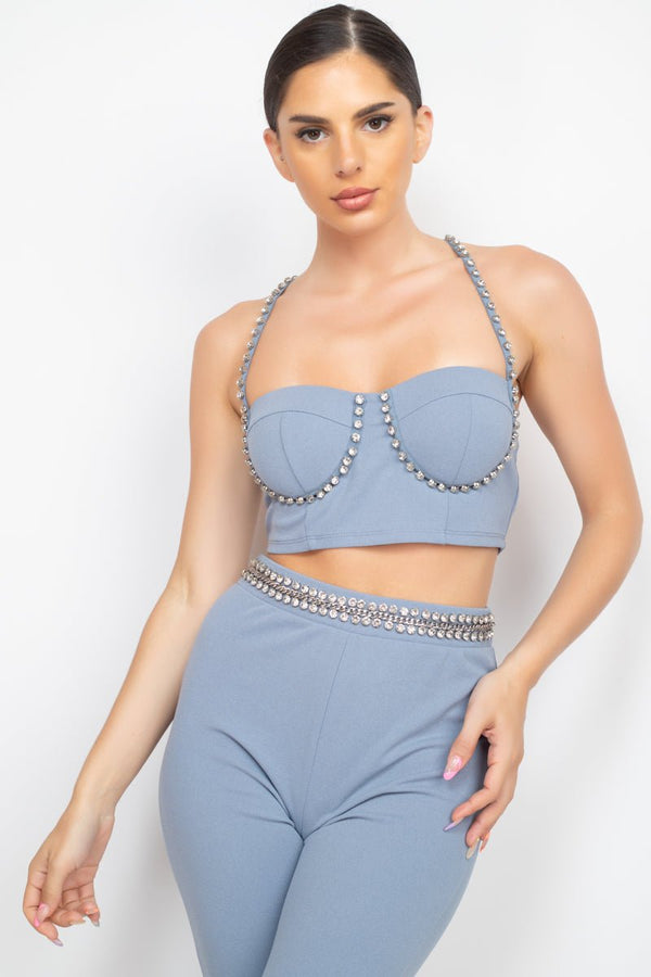 Stone Embellished Top And Pants Set - Women's set - SmartBuyApparel