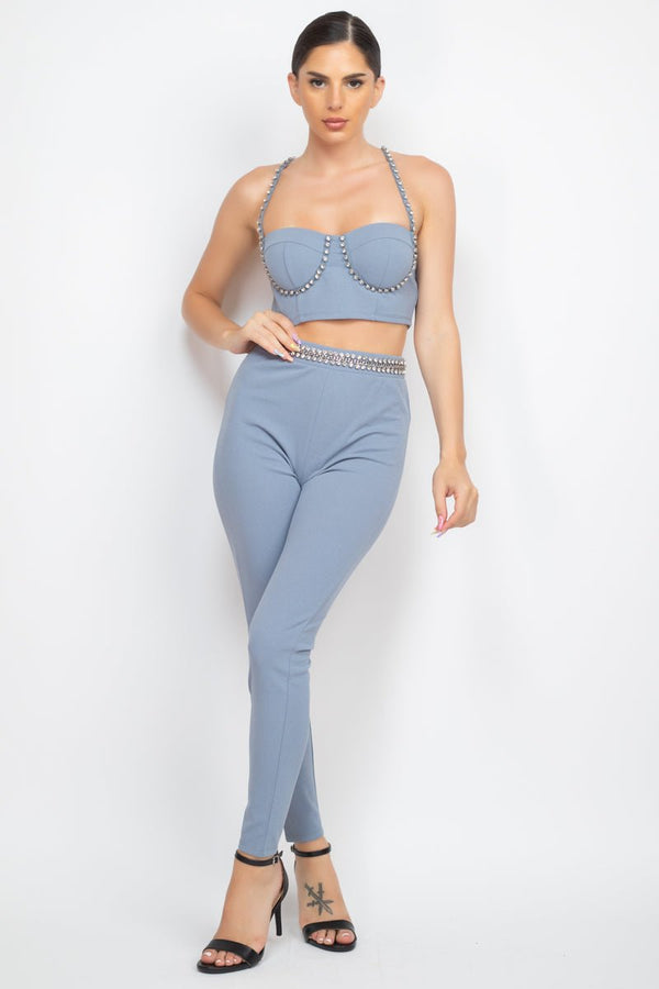 Stone Embellished Top And Pants Set - Women's set - SmartBuyApparel