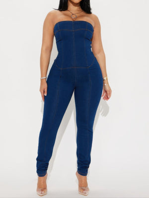 Strapless Denim Jumpsuit With Lace Up Back - | SmartBuyApparel