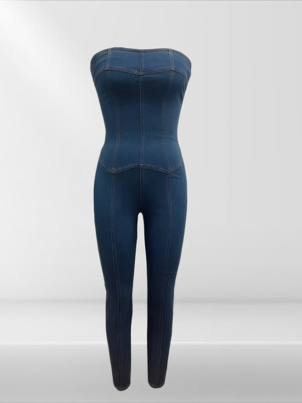 Strapless Denim Jumpsuit With Lace Up Back - | SmartBuyApparel