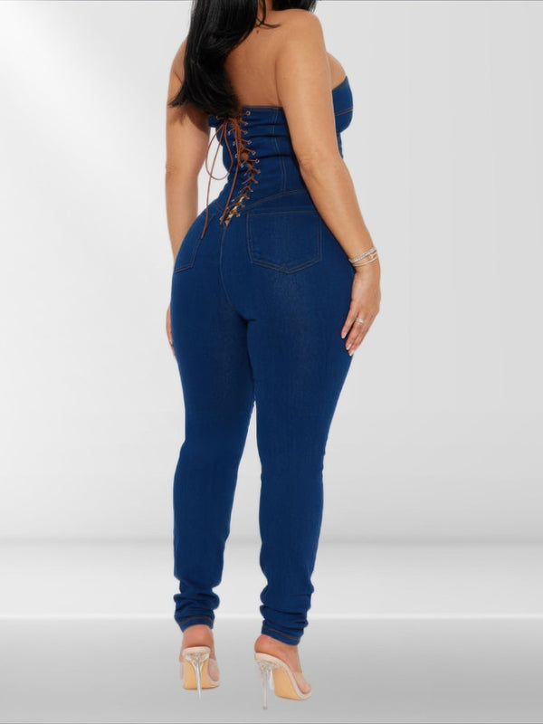 Strapless Denim Jumpsuit With Lace Up Back - | SmartBuyApparel