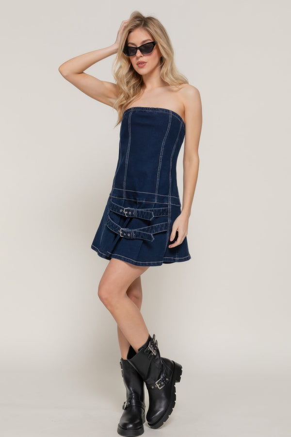 Strapless Stretch Denim Mini Pleats Dress - Dress - SmartBuyApparel
