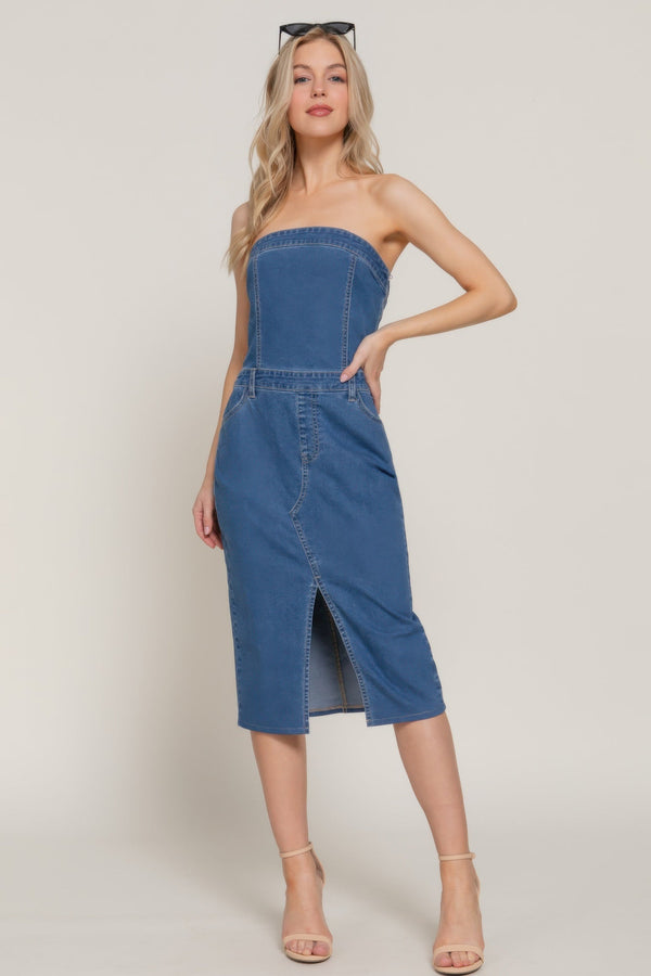 Stretch Denim Slit Tube Dress - Dress - SmartBuyApparel