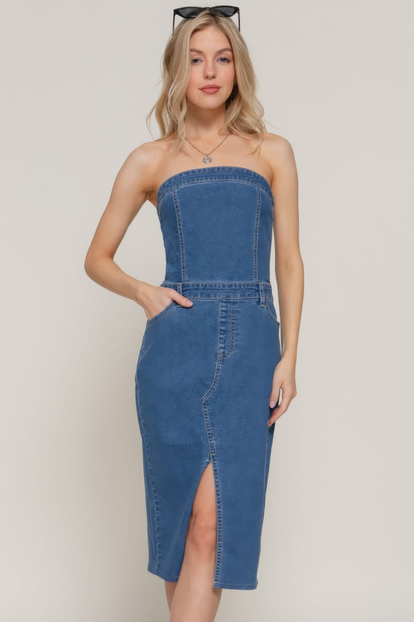 Stretch Denim Slit Tube Dress - Dress - SmartBuyApparel