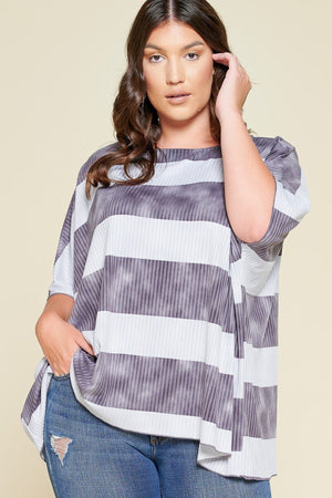 Stripe Printed Pleated Blouse Featuring A Boat Neckline And 1/2 Sleeves - Women's Blouse - SmartBuyApparel