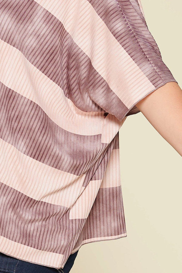 Stripe Printed Pleated Blouse Featuring A Boat Neckline And 1/2 Sleeves - Women's Blouse - SmartBuyApparel